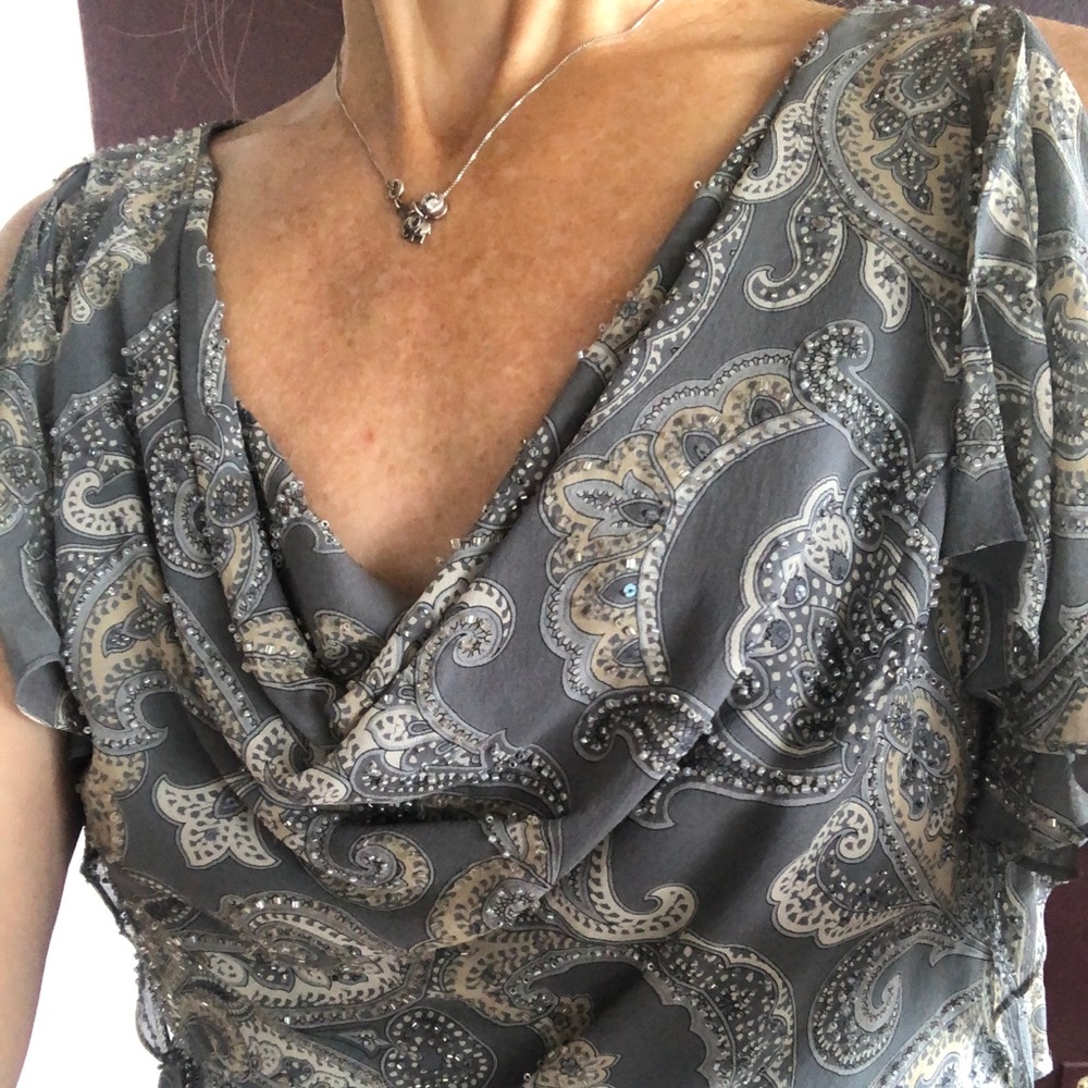 CARMEN MARC VALVO beaded silk, open sleeve blouse.